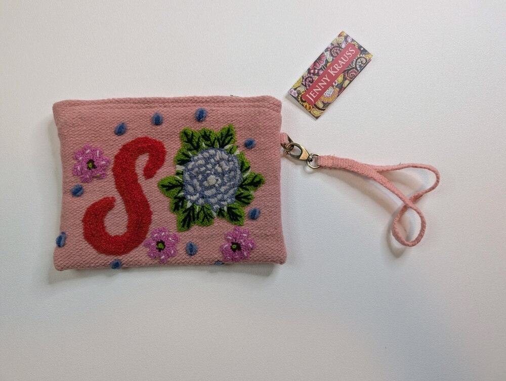 JENNY KRAUSS Pink Wool Makeup Pouch Clutch Monogrammed Initial "S" Embroidery 8"